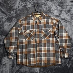 Vintage Sears Fieldmaster Quilted Flannel Collard Shirt Brown Grey Plaid XL